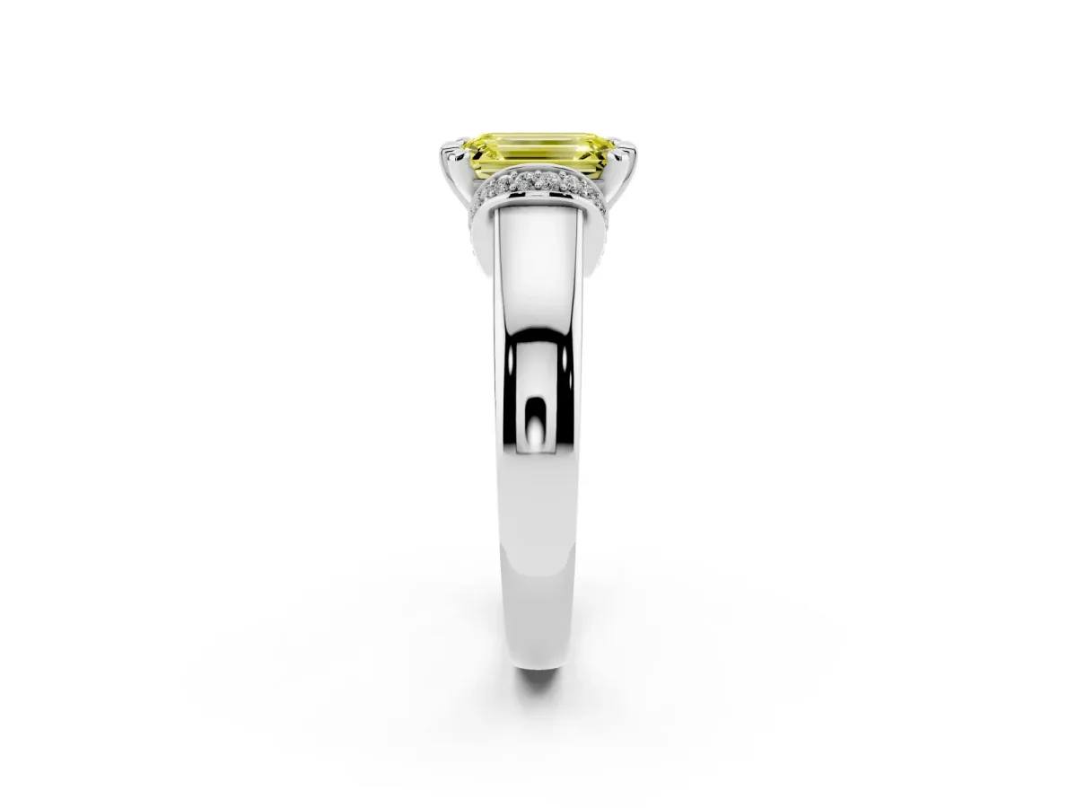 Fancy Yellow Emerald Cut Solitaire Diamond Ring with Pave Band and Six-Prong Setting Platinum