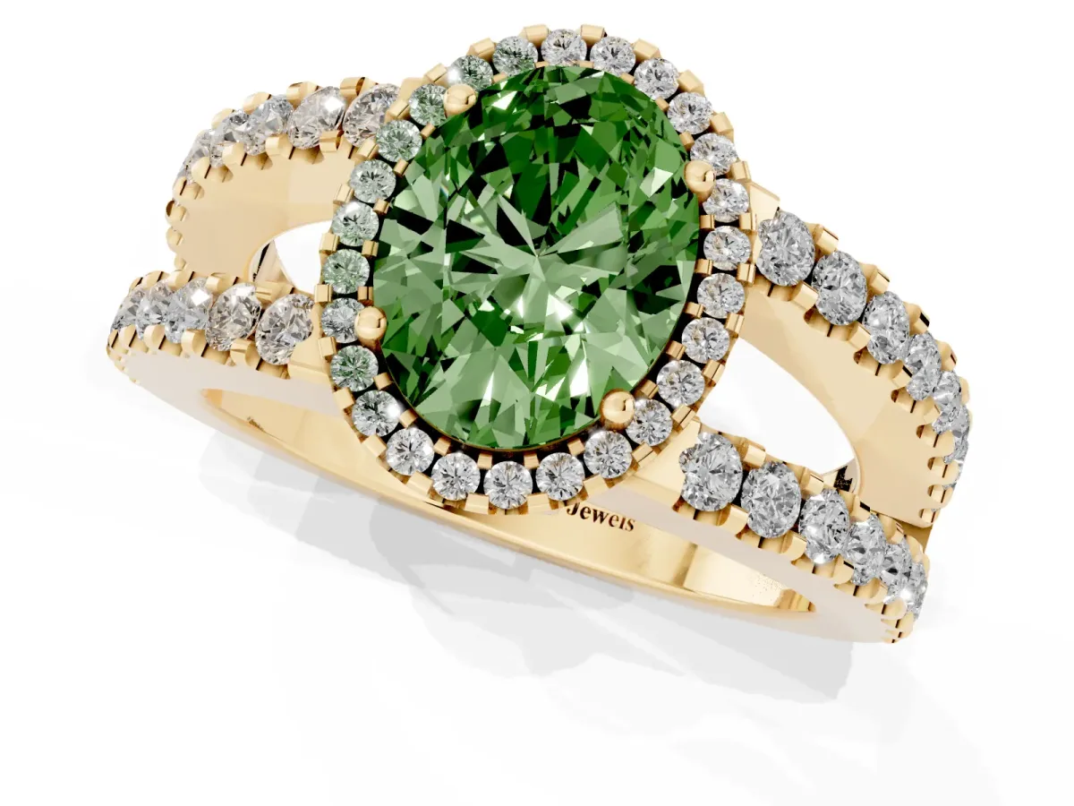 Fancy Green Oval Cut Cut Halo Split Shank Diamond Ring with Four-Prong Setting Yellow gold
