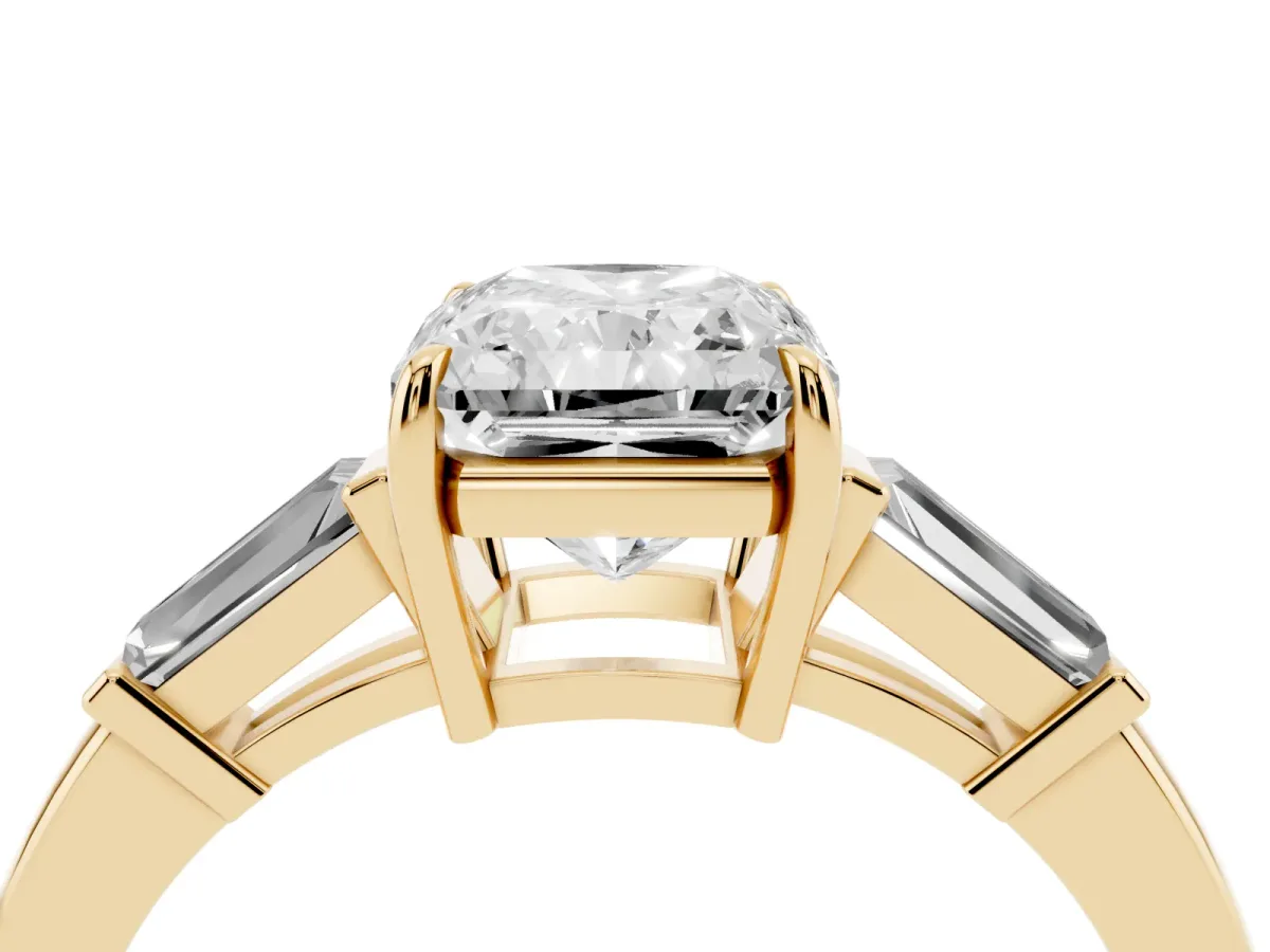 Radiant Cut Diamond Three-Stone Ring with Tapered Baguette Side Stones and Prong Setting Yellow gold