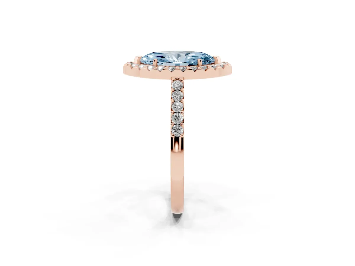 Fancy Blue Marquise Cut Halo Diamond Pavé Solitaire Ring Rose gold
