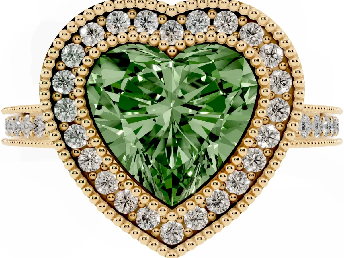 Fancy Green Heart Cut Cut Halo Diamond Ring with Pavé Band and Milgrain Prong Setting Yellow gold