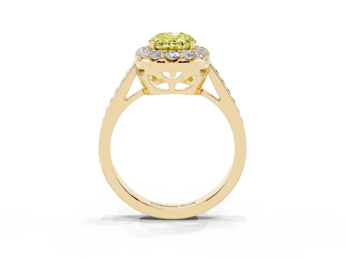 Fancy Yellow Oval Cut Diamond Floral Halo Ring with Pavé Band and Prong Setting Yellow gold