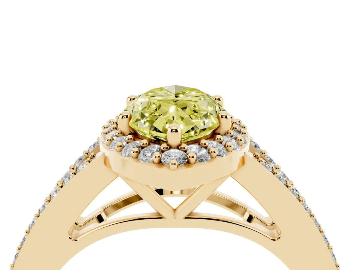 Fancy Yellow Marquise Cut Halo Split Shank Pave Diamond Ring with Four-Prong Setting Yellow gold