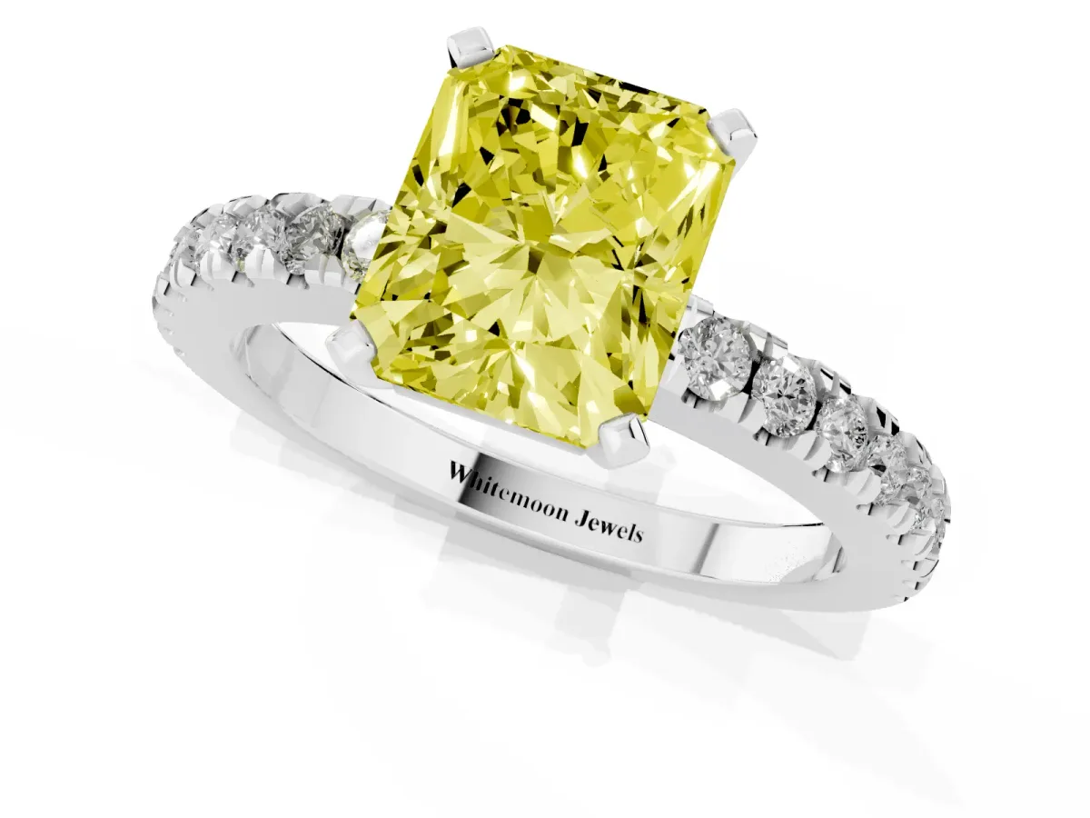 Fancy Yellow Radiant Cut Solitaire Diamond with Pavé Band and Four-Prong Setting White gold