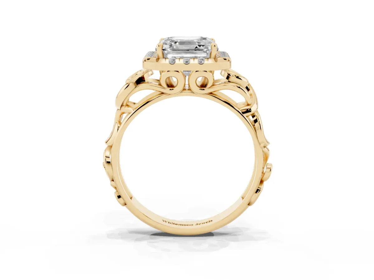 Asscher Cut Cut Halo Diamond Ring with Scrollwork Band and Four-Prong Setting Yellow gold