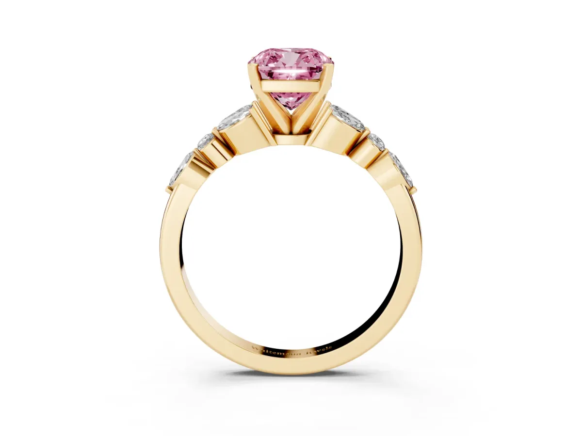 Fancy Pink Cushion Cut Diamond Solitaire Ring with Side Stones and Four-Prong Setting Yellow gold