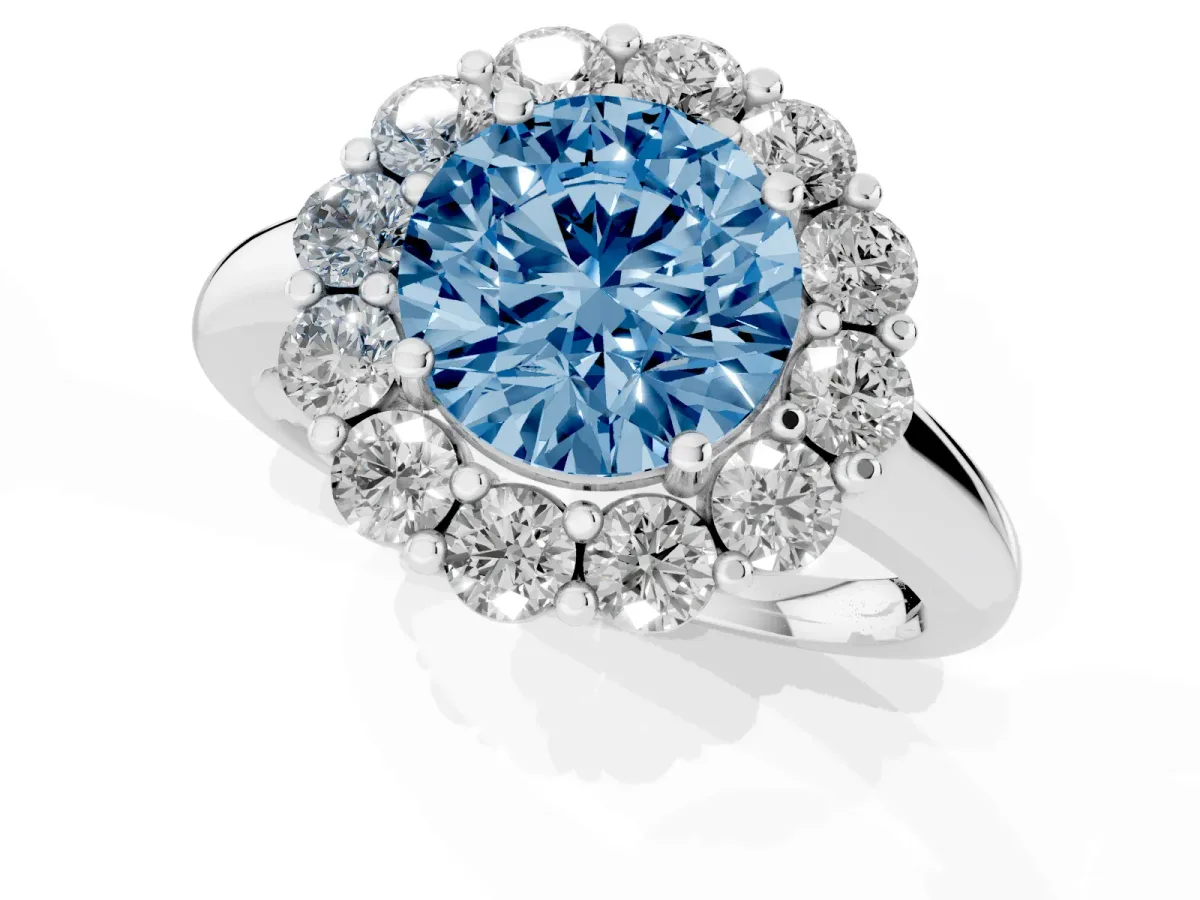 Fancy Blue Round Cut Halo Cluster Diamond Engagement Ring with Prong Setting and Polished Band Platinum