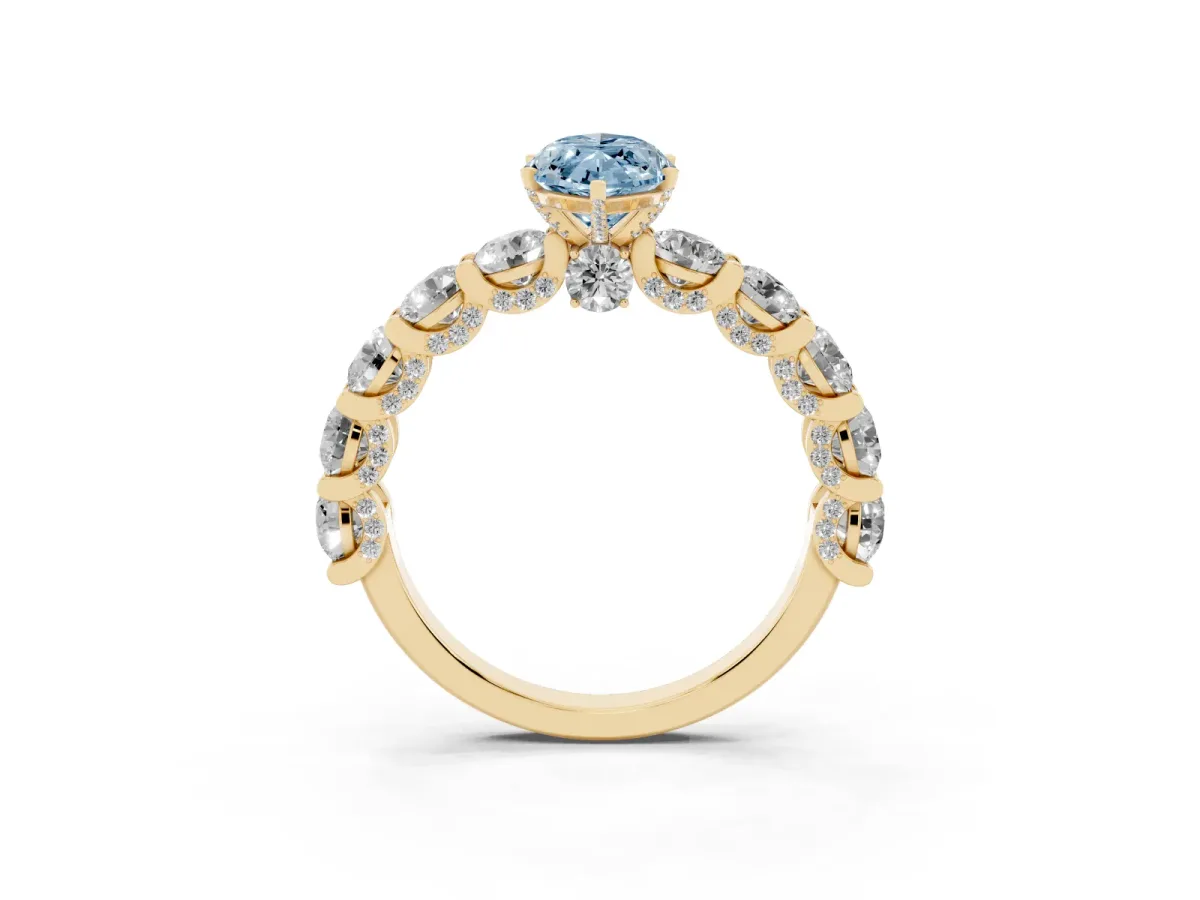 Fancy Blue Marquise Cut Diamond Side Stone Engagement Ring with Four-Prong Setting Yellow gold