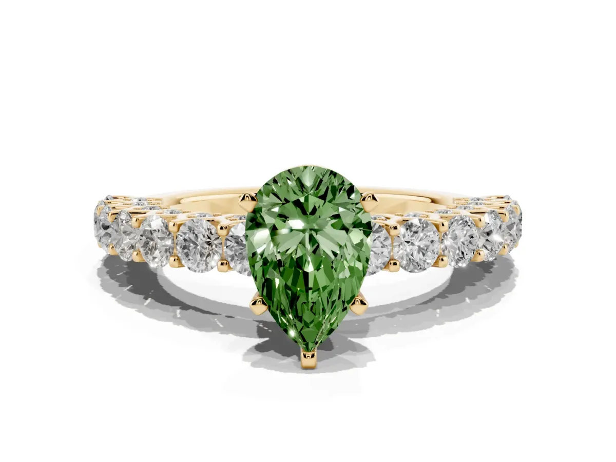 Fancy Green Pear Cut Diamond Solitaire Ring with Shared Prong Pavé Band and Four-Prong Setting Yellow gold