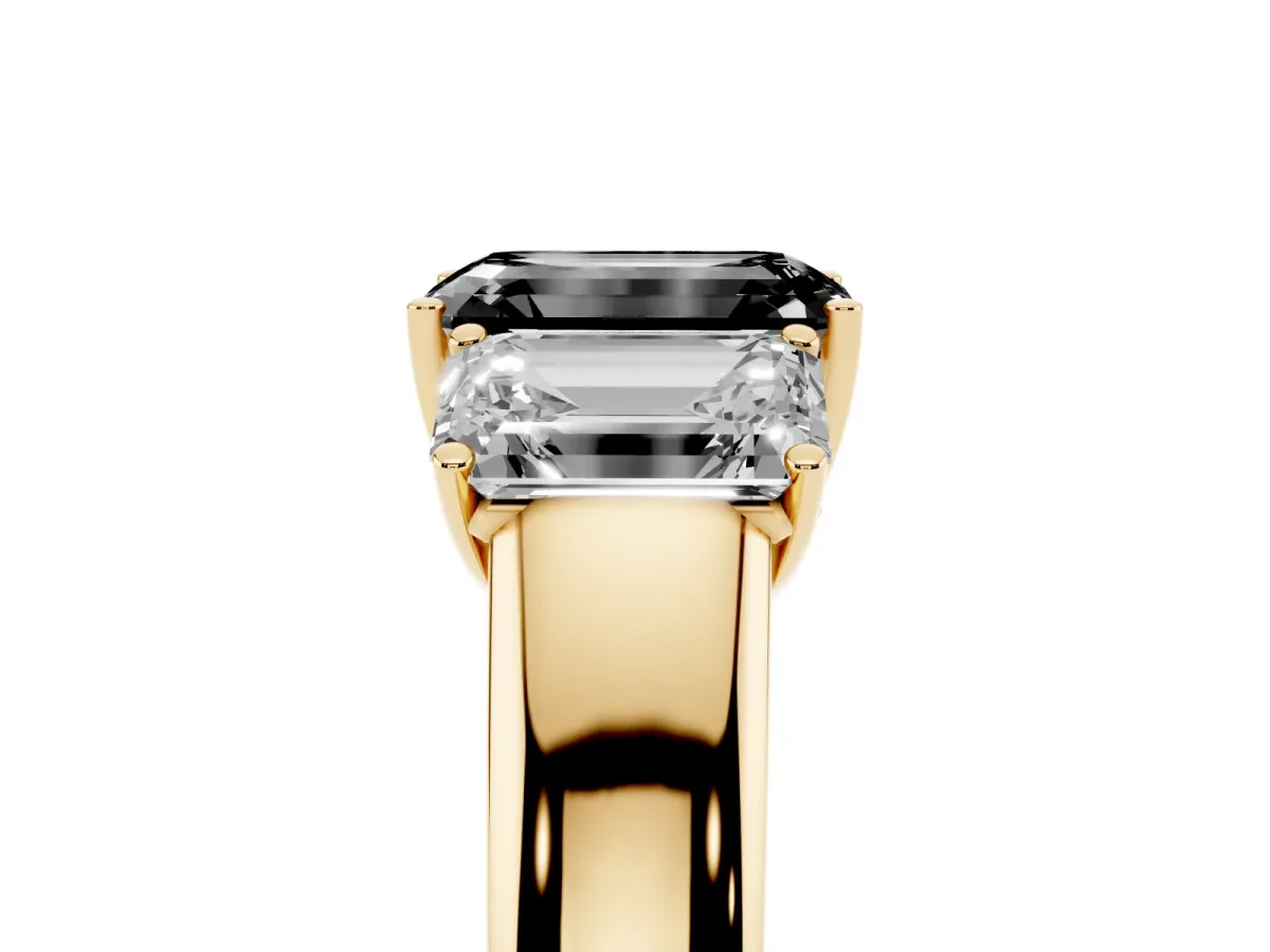 Fancy Black Three-Stone Emerald Cut Cut Diamond Ring with Prong Setting and Classic Band Yellow gold