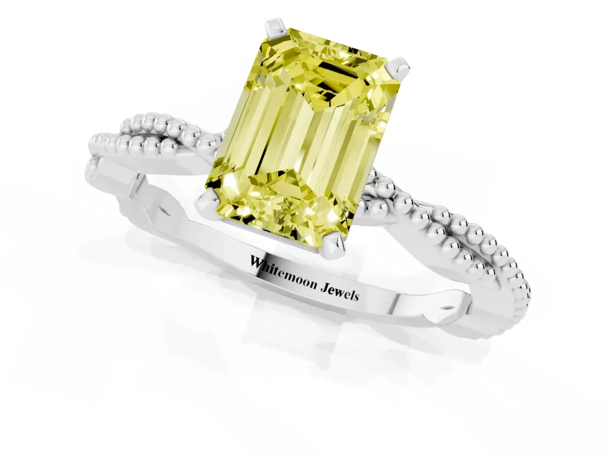 Fancy Yellow Emerald Cut Solitaire Twisted Band with Bead Prong Setting Silver