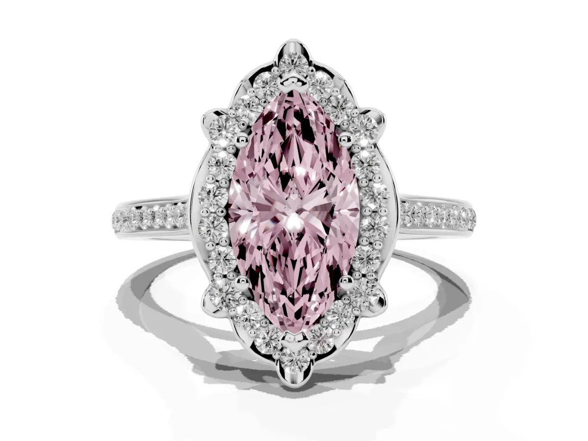 Fancy Pink Marquise Cut Halo Round Diamond Pave Band with Four-Prong Setting White gold