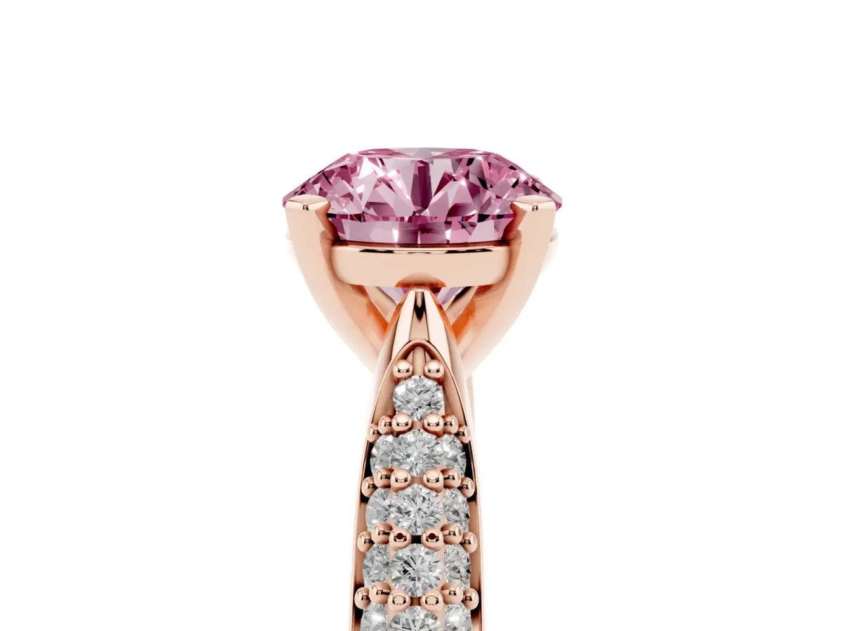 Fancy Pink Round Cut Diamond Solitaire Engagement Ring with Multi-Row Round Pavé Band and Prong Setting Rose gold