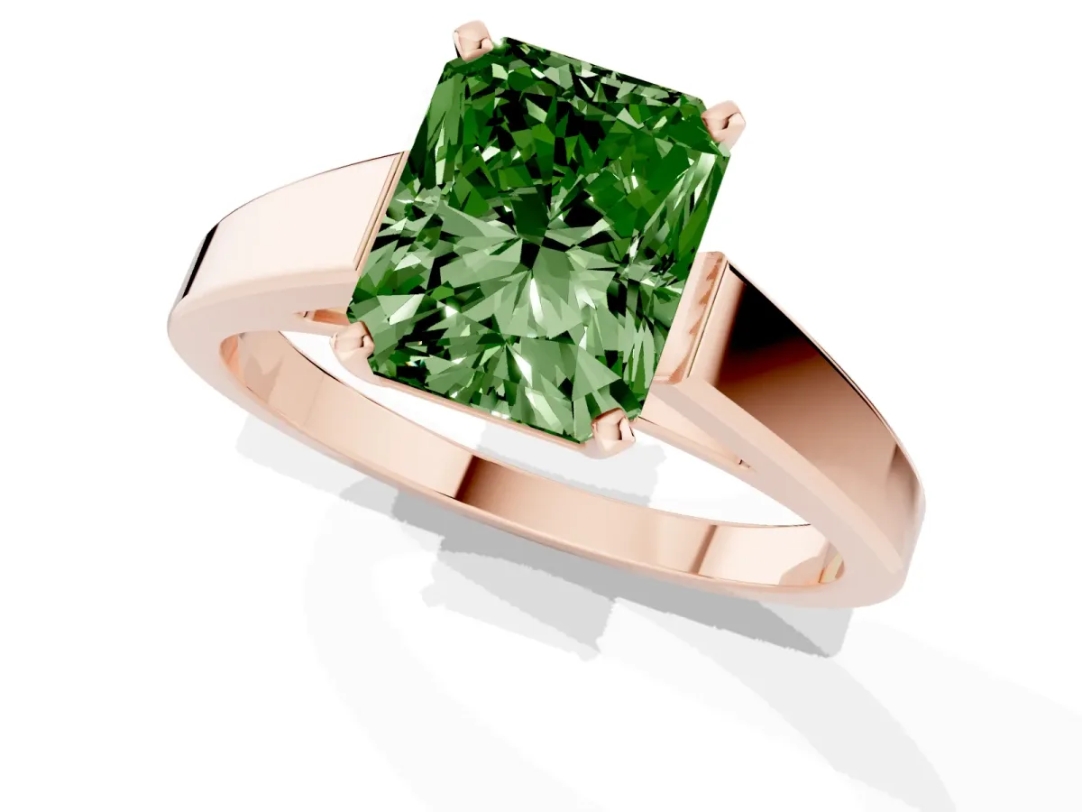 Fancy Green Radiant Cut Solitaire Engagement Ring with Four-Prong Setting and Tapered Band Rose gold