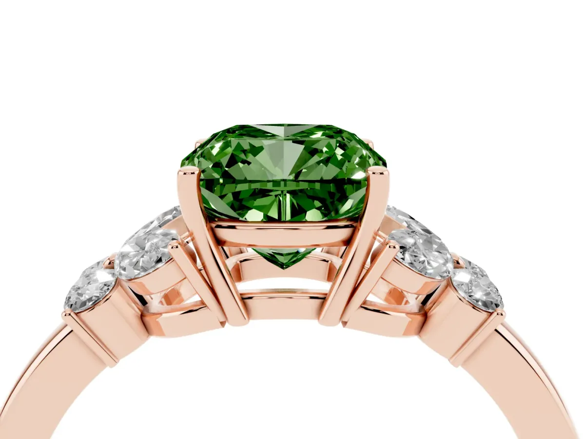 Fancy Green Cushion Cut Cut Solitaire Floral Diamond Ring with Four-Prong Setting Rose gold