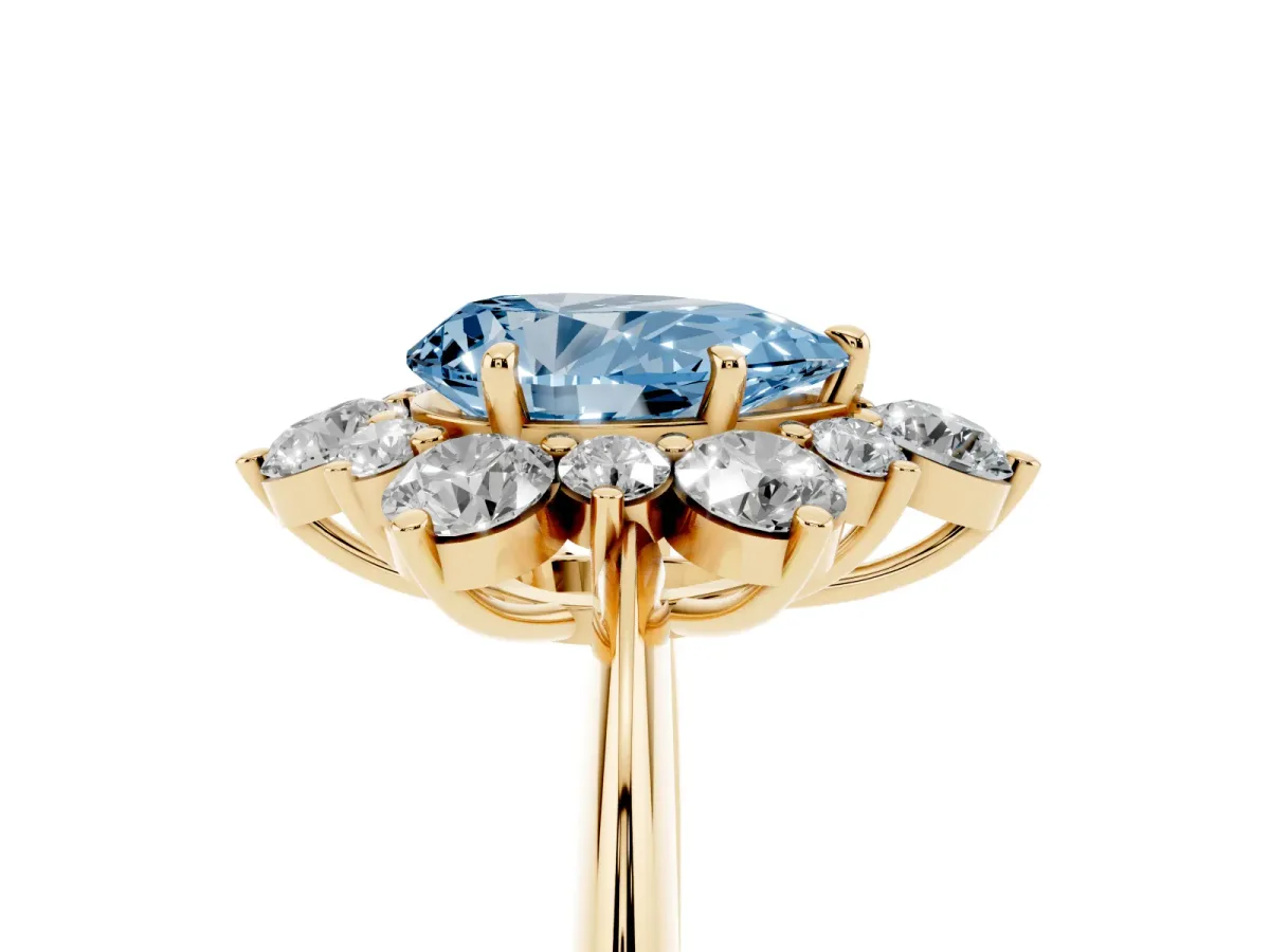 Fancy Blue Pear Cut Diamond Cluster Halo Ring with Solitaire Band and Four-Prong Setting Yellow gold