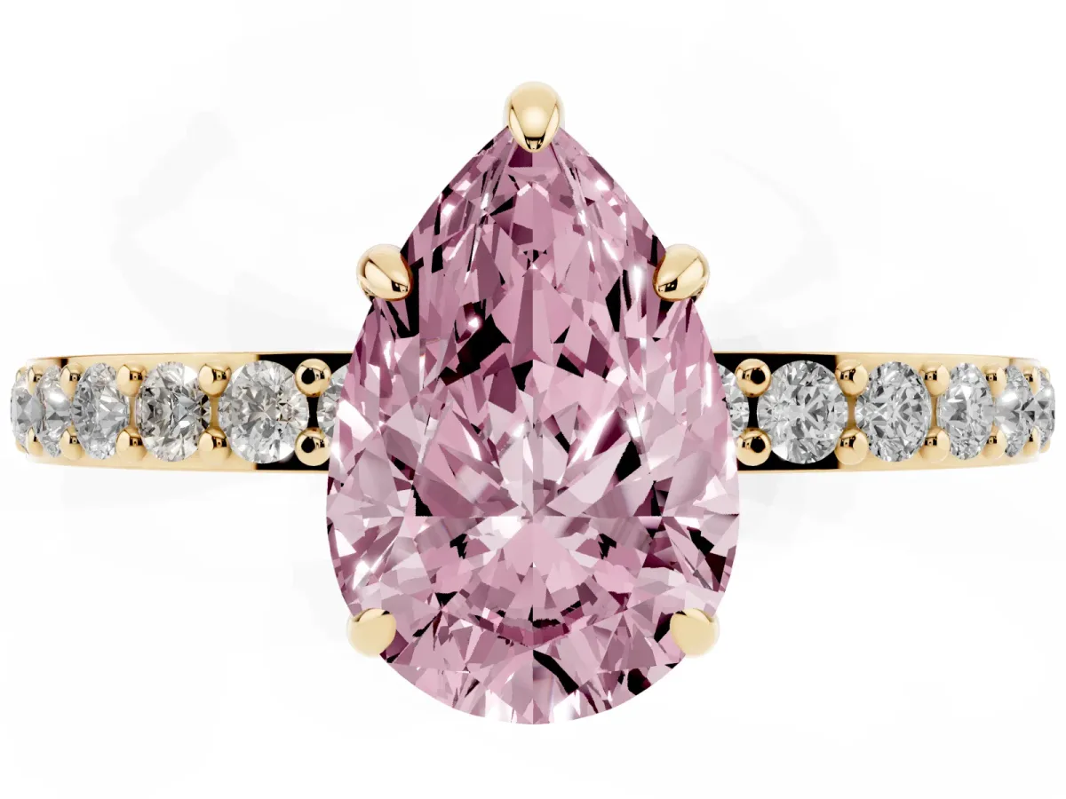 Fancy Pink Pear Cut Diamond Pavé Engagement Ring with Round Accents and Prong Setting Yellow gold