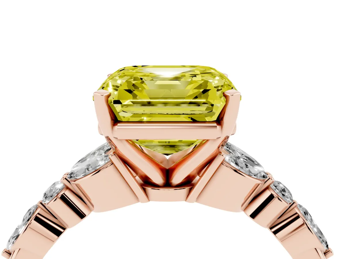 Fancy Yellow Asscher Cut Diamond Solitaire Ring with Side Stones and Four-Prong Setting Rose gold