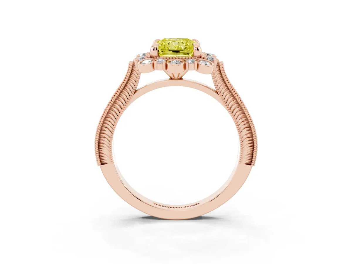 Fancy Yellow Radiant Cut Halo Milgrain Pave Diamond Ring with Four-Prong Setting Rose gold