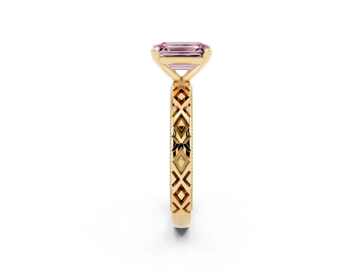 Fancy Pink Emerald Cut Solitaire Diamond Ring with Milgrain and Black Enamel X Pattern Band Yellow gold