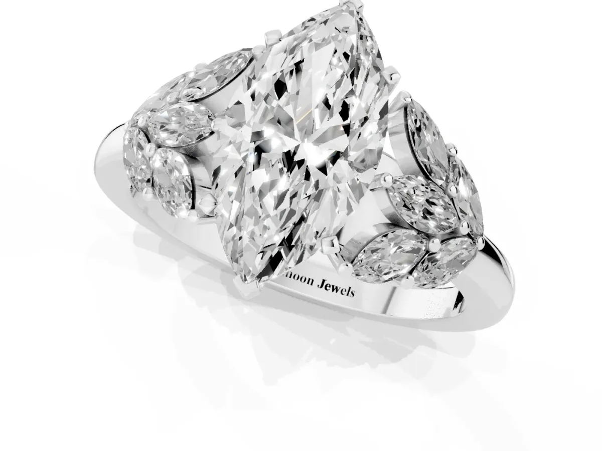 Marquise Cut Diamond Cluster Leaf Design Ring with Prong Setting Silver
