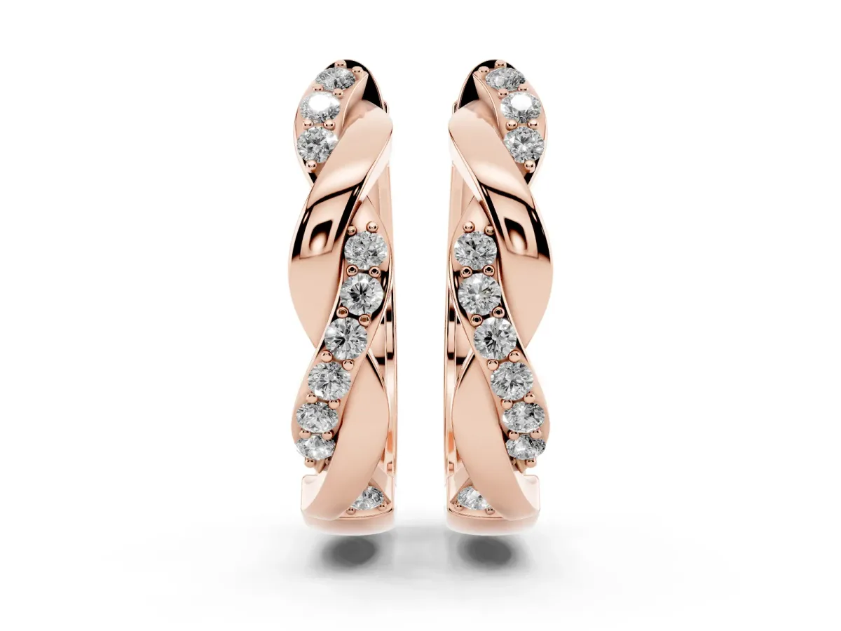 Round Cut Diamond Twisted Pavé Hoop Earrings Rose gold