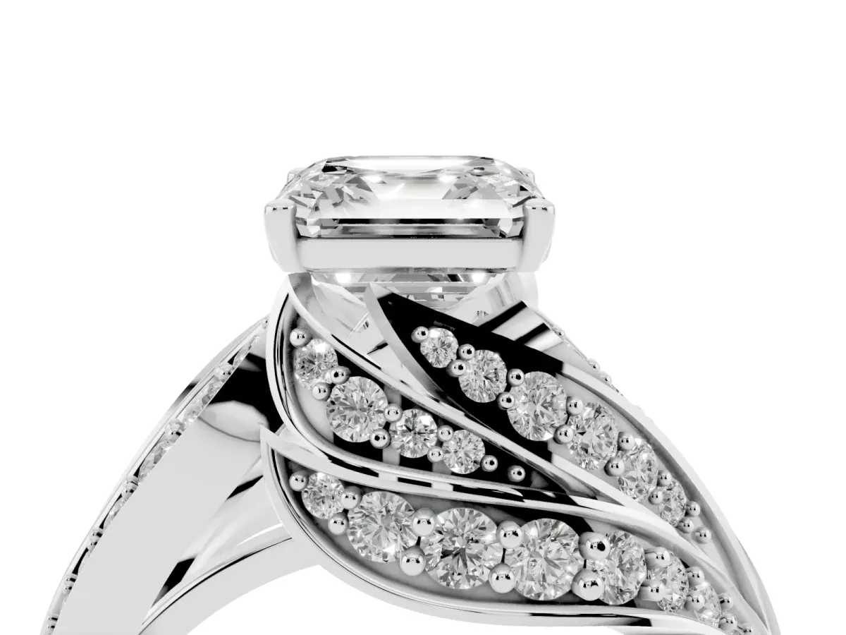 Asscher Cut Diamond Solitaire Ring with Prong Setting and Twisted Pavé Band Silver