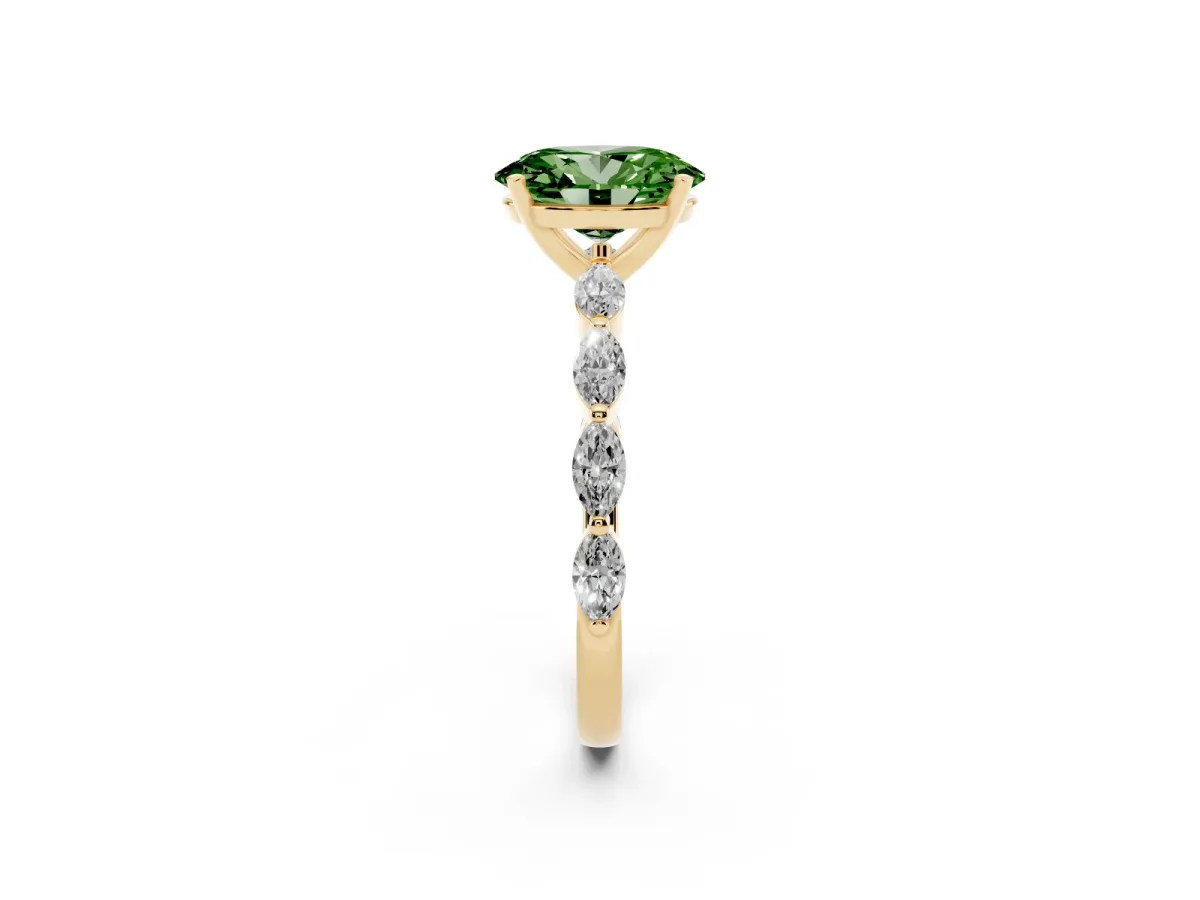 Fancy Green Oval Cut Diamond Ring with Marquise Side Stones and Prong Setting Yellow gold