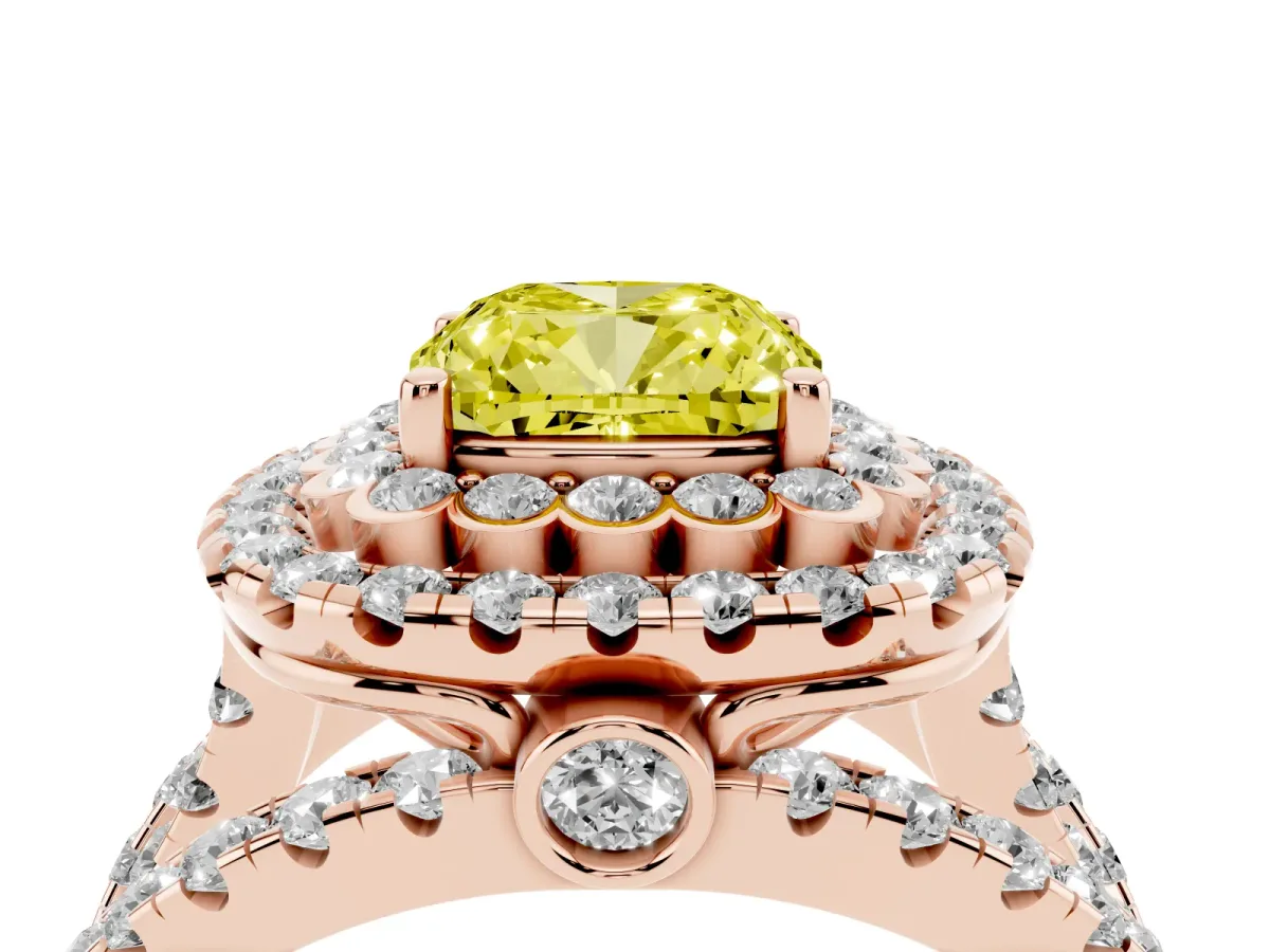 Fancy Yellow Cushion Cut Diamond Double Halo Ring with Round Pavé Split Shank and Prong Setting Rose gold