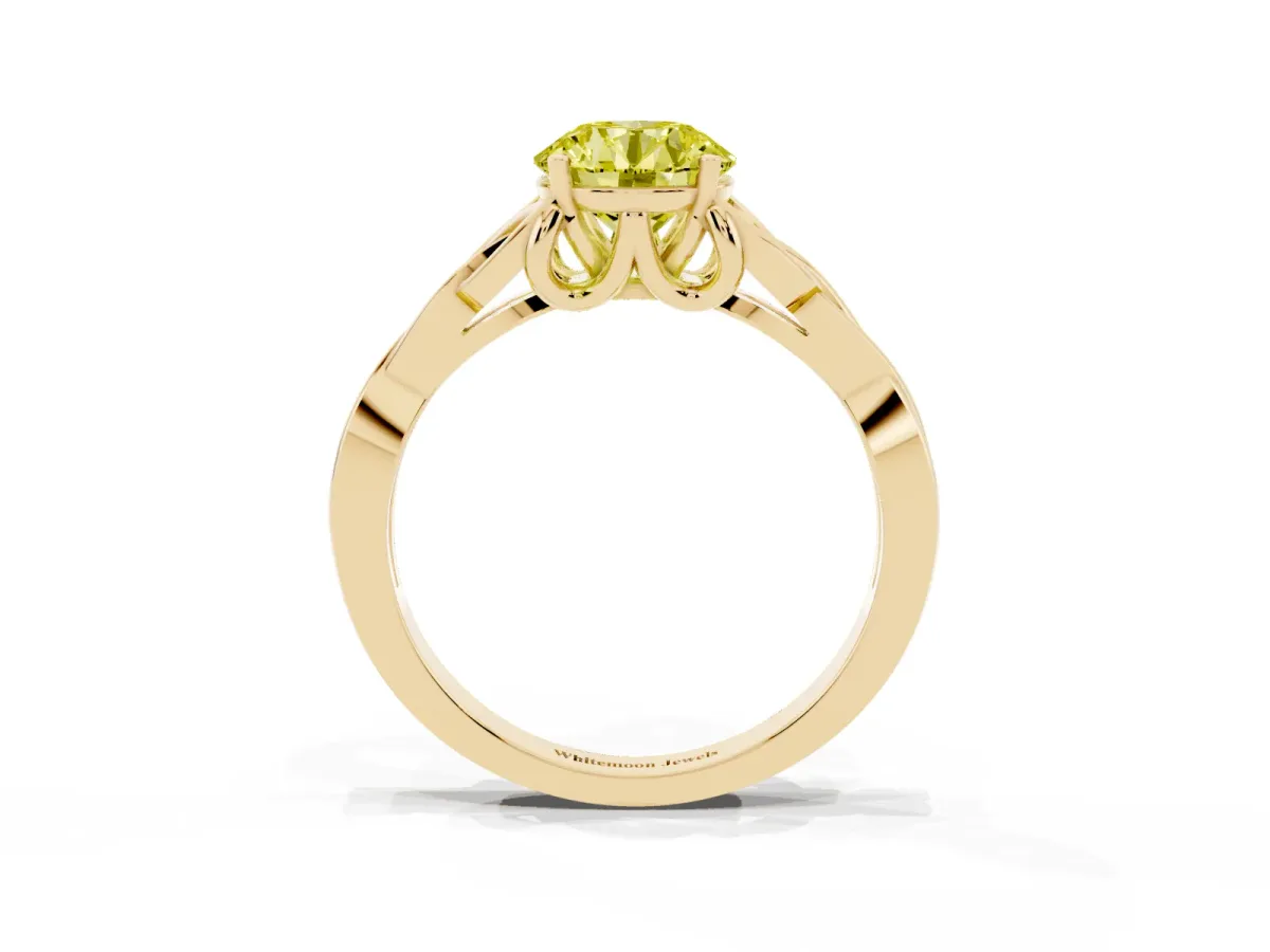 Fancy Yellow Round Cut Diamond Solitaire Engagement Ring with Celtic Knot Band and Four-Prong Setting Yellow gold