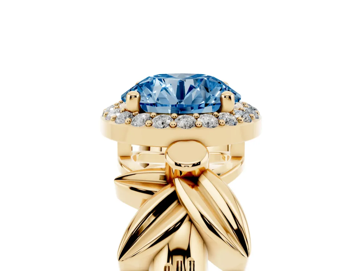 Fancy Blue Round Cut Halo Diamond Floral Band with Four-Prong Setting Yellow gold