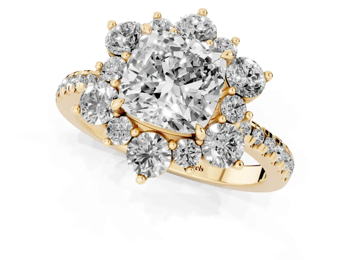 Cushion Cut Diamond Floral Halo Ring with Round Pavé Band and Prong Setting Yellow gold