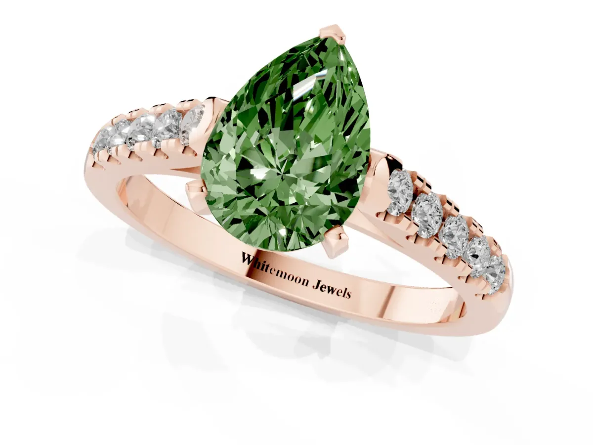 Fancy Green Pear Cut Diamond Pavé Band Solitaire Ring with Prong Setting Rose gold