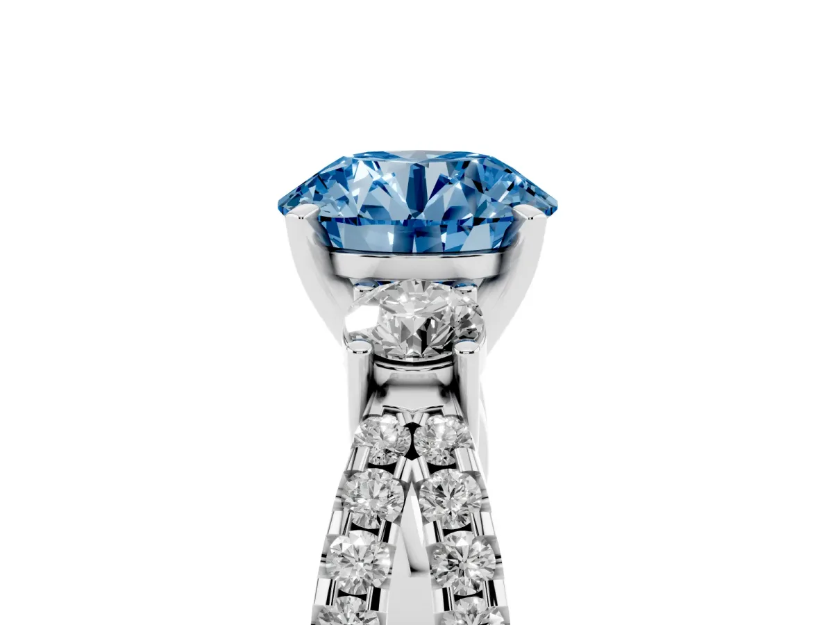 Fancy Blue Round Cut Diamond Three-Stone Ring with Pavé Split Shank and Four-Prong Setting White gold