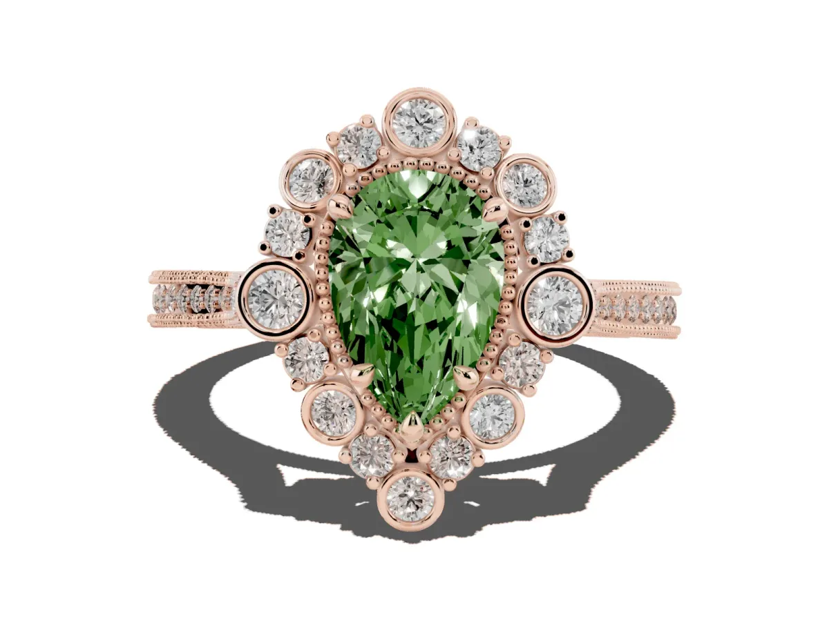 Fancy Green Pear Cut Halo Milgrain Pave Diamond Ring with Four-Prong Setting Rose gold
