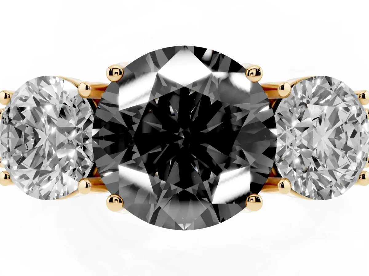 Fancy Black Three-Stone Round Cut Cut Milgrain Pavé Engagement Ring Yellow gold