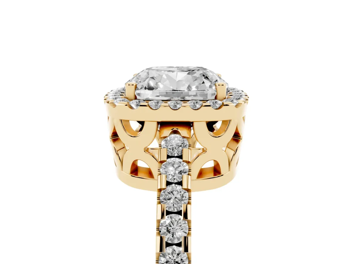 Cushion Cut Diamond Halo Engagement Ring with Pavé Band and Prong Setting Yellow gold