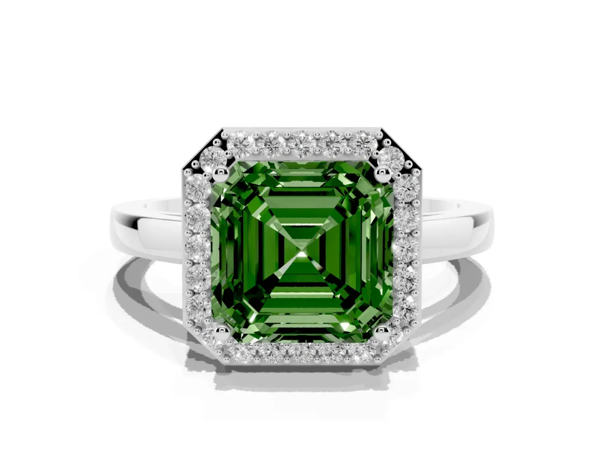 Fancy Green Asscher Cut Halo Diamond Ring with Solitaire Band and Prong Setting Platinum