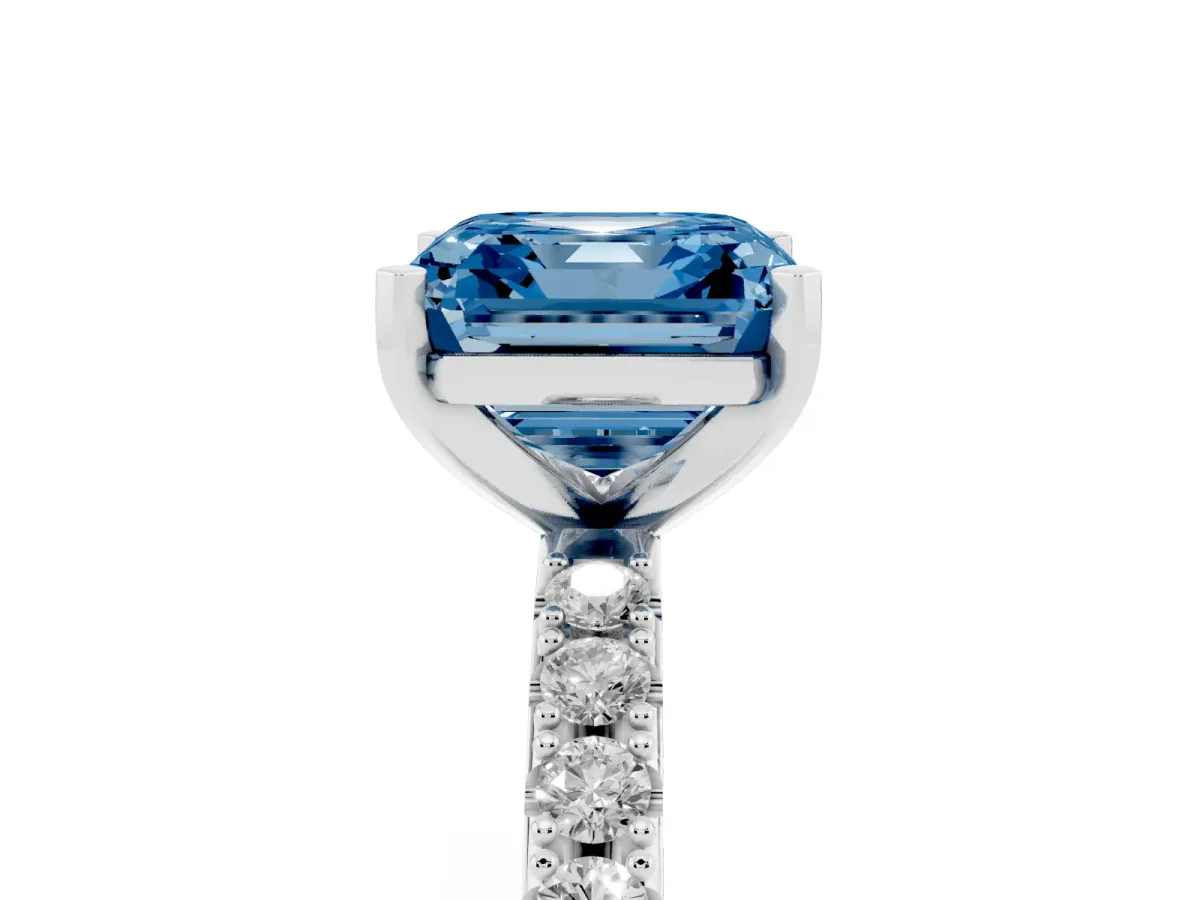 Fancy Blue Asscher Cut Diamond Solitaire Pavé Band with Four-Prong Setting Silver