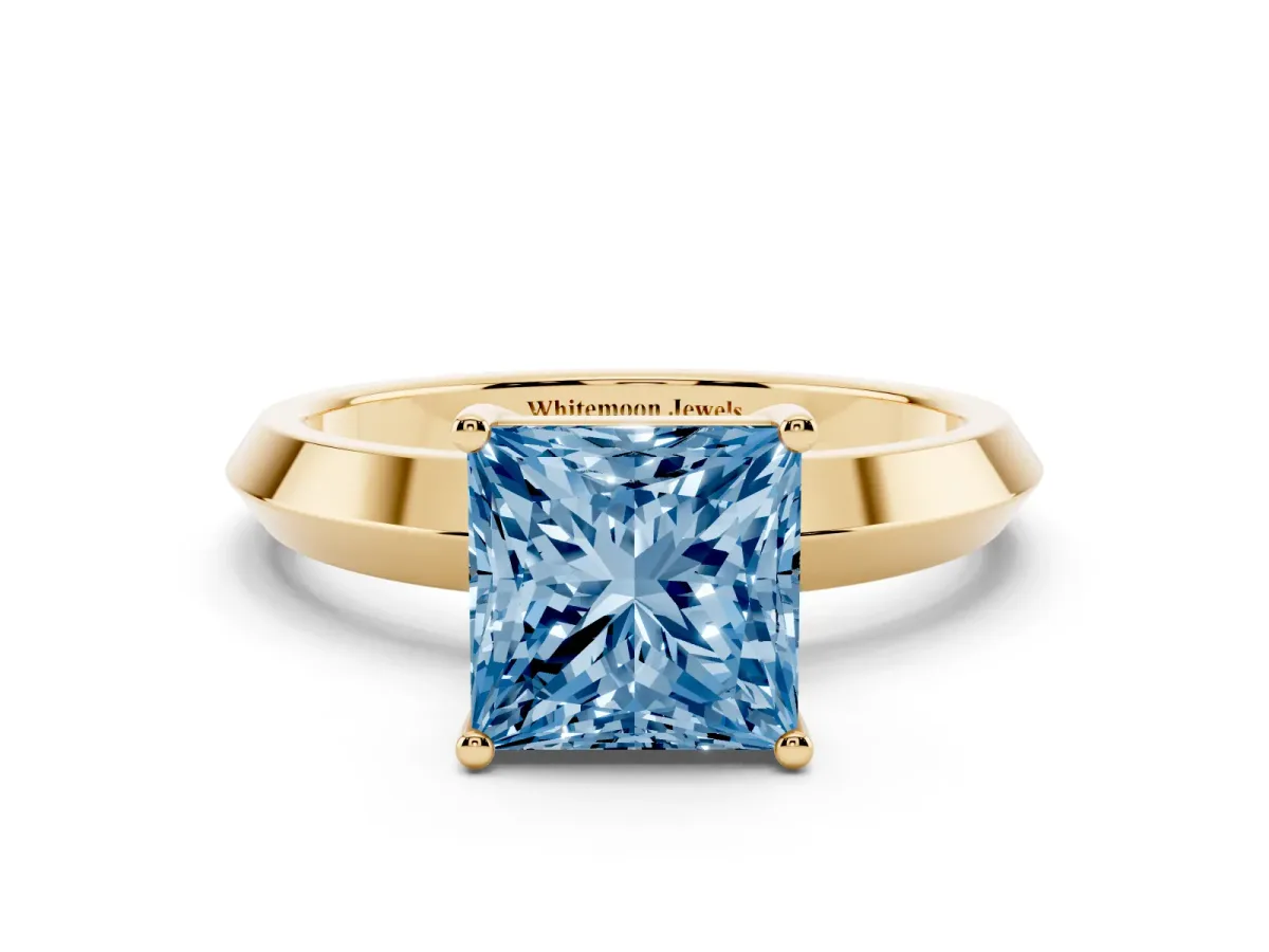 Fancy Blue Princess Cut Cut Solitaire Engagement Ring with Flat Band and Four-Prong Setting Yellow gold