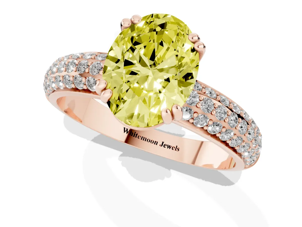 Fancy Yellow Oval Cut Diamond Solitaire Ring with Multi-Row Round Pavé Band and Prong Setting Rose gold