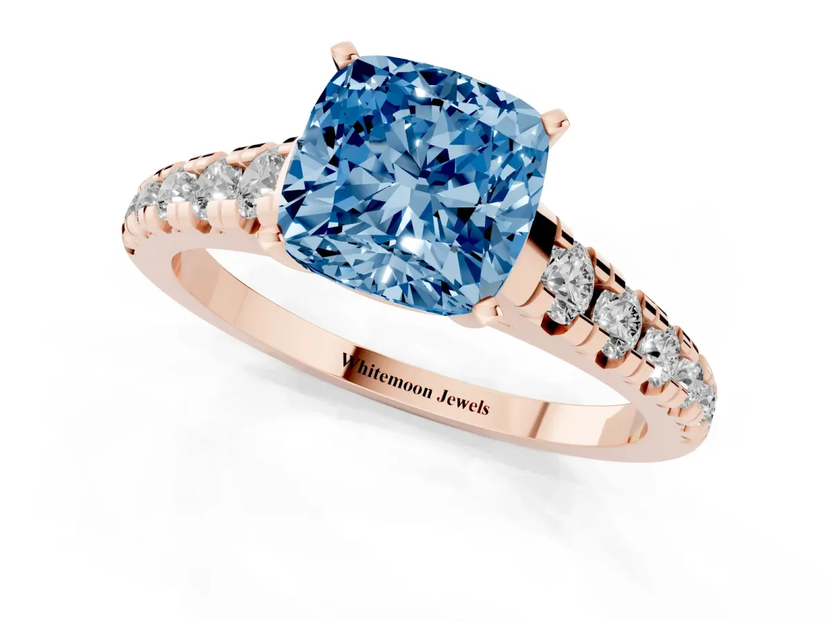 Fancy Blue Cushion Cut Diamond Cathedral Solitaire Ring with Round Pavé Band Rose gold