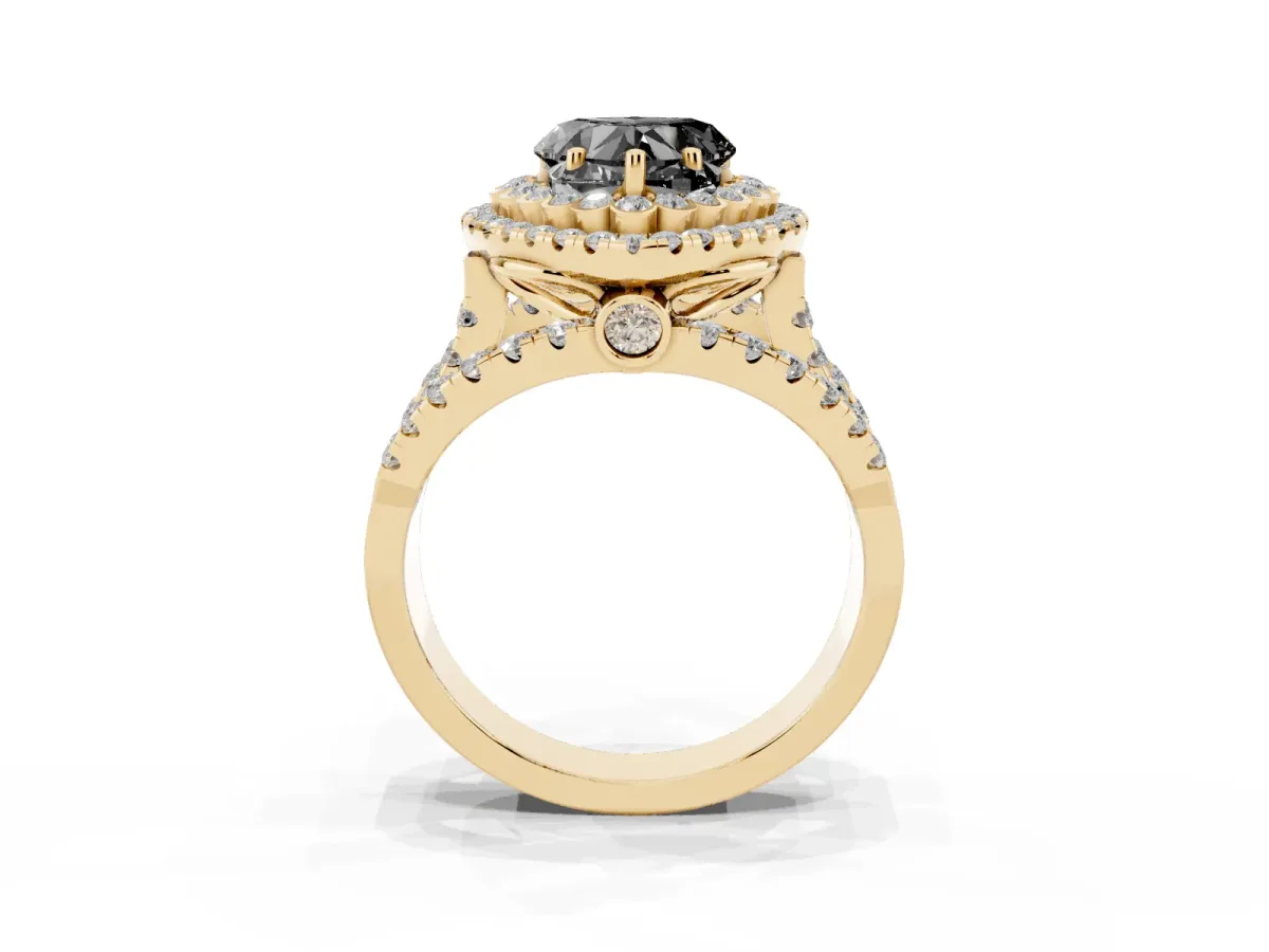 Fancy Black Heart Cut Diamond Double Halo Ring with Round Pavé Split Shank and Prong Setting Yellow gold