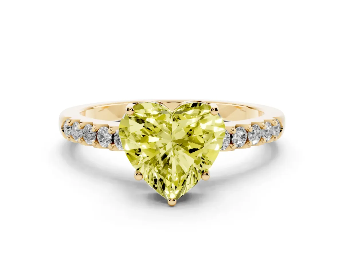 Fancy Yellow Heart Cut Solitaire Diamond Engagement Ring with Pavé Band and Six-Prong Setting Yellow gold