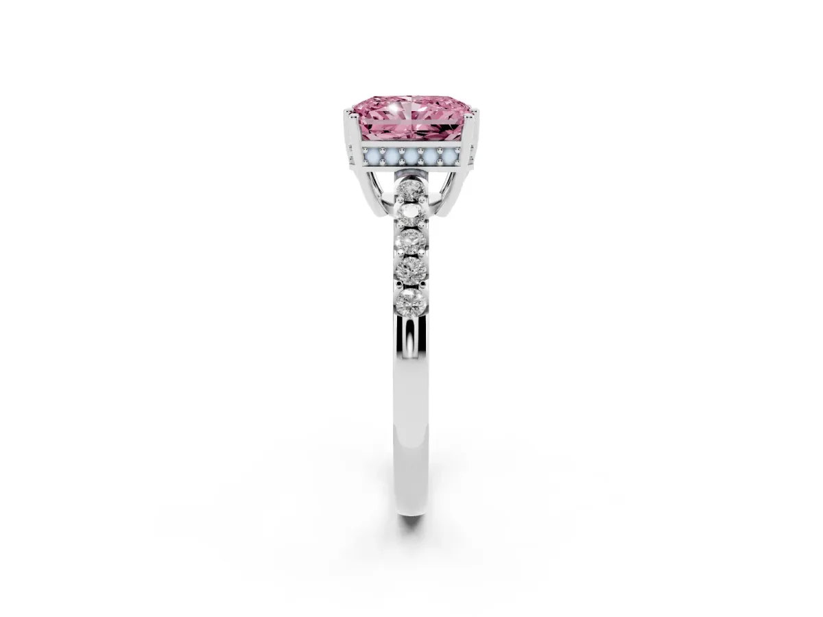 Fancy Pink Radiant Cut Solitaire Diamond Engagement Ring with Pavé Band and Six-Prong Setting Silver