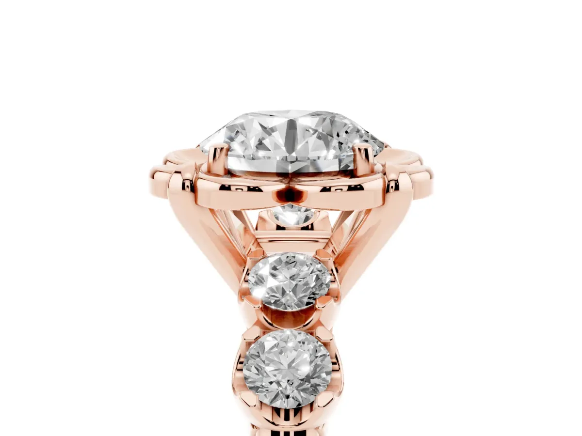 Round Cut Cut Diamond Floral Halo Engagement Ring with Shared Prong Setting Rose gold