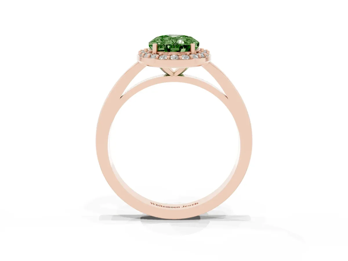 Fancy Green Oval Cut Halo Diamond Ring with Solitaire Band and Prong Setting Rose gold