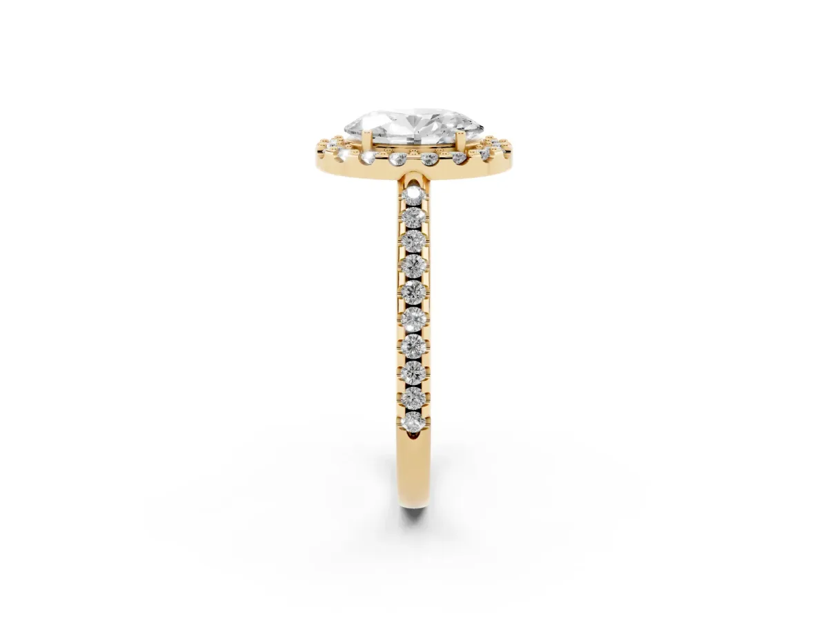 Oval Cut Diamond Pavé Halo Ring with Four-Prong Setting Yellow gold