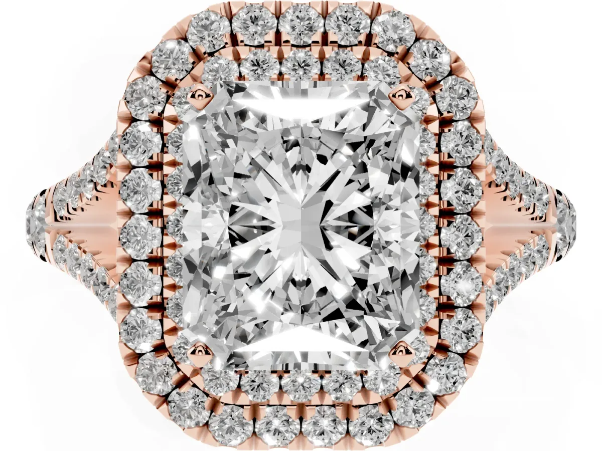 Radiant Cut Diamond Double Halo Ring with Split Shank and Prong Setting Rose gold