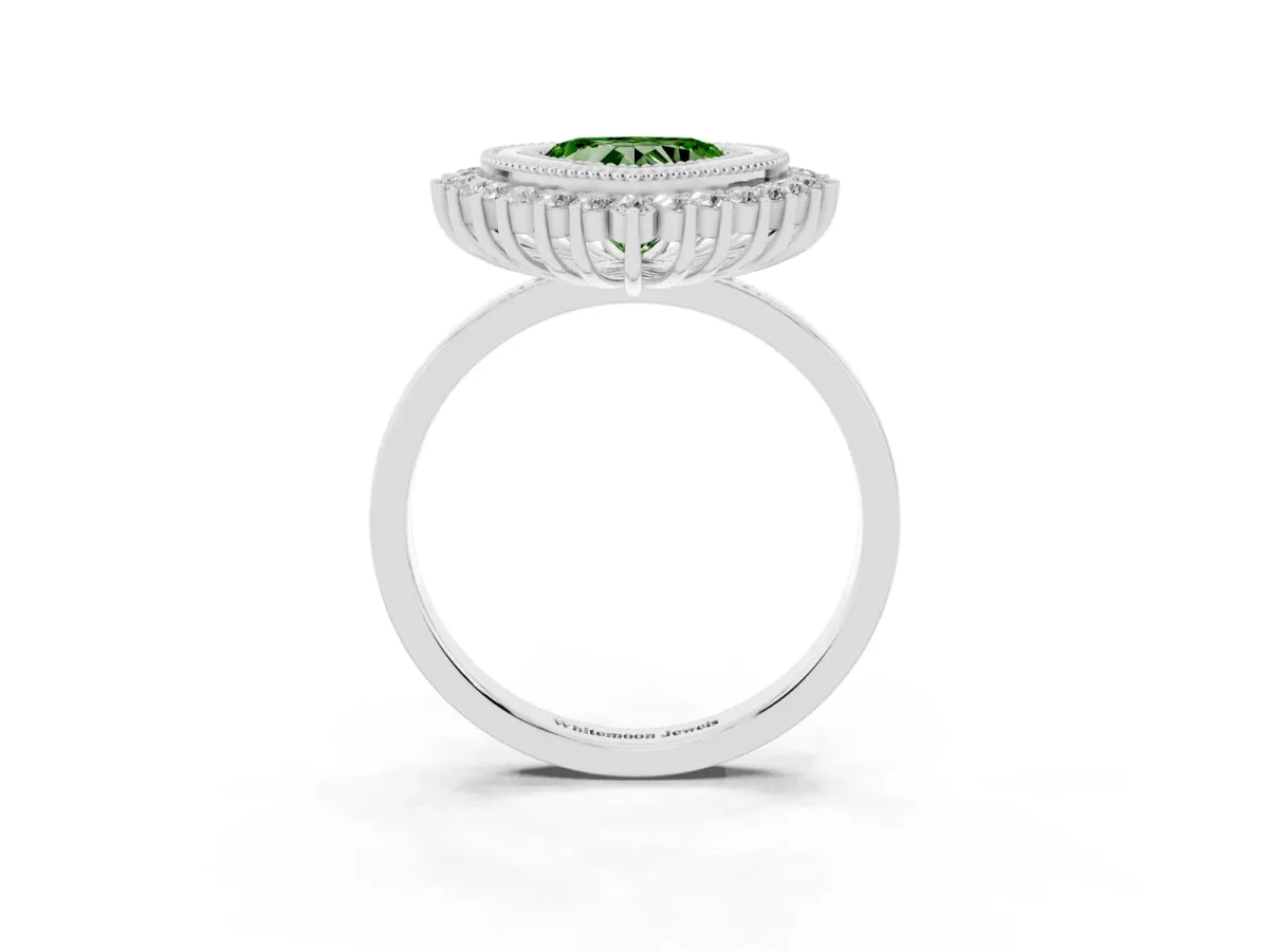 Fancy Green Heart Cut Halo Diamond Ring with Milgrain Edge and Round Prong Setting Silver